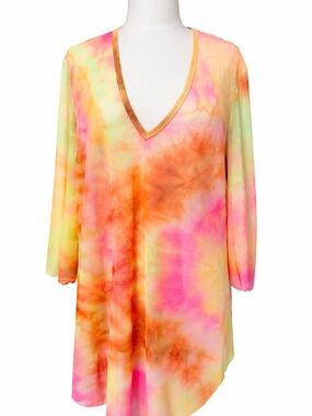 Jordan Taylor Mesh Cover-Up L Orange Pink Multi NWT Sheer Tunic